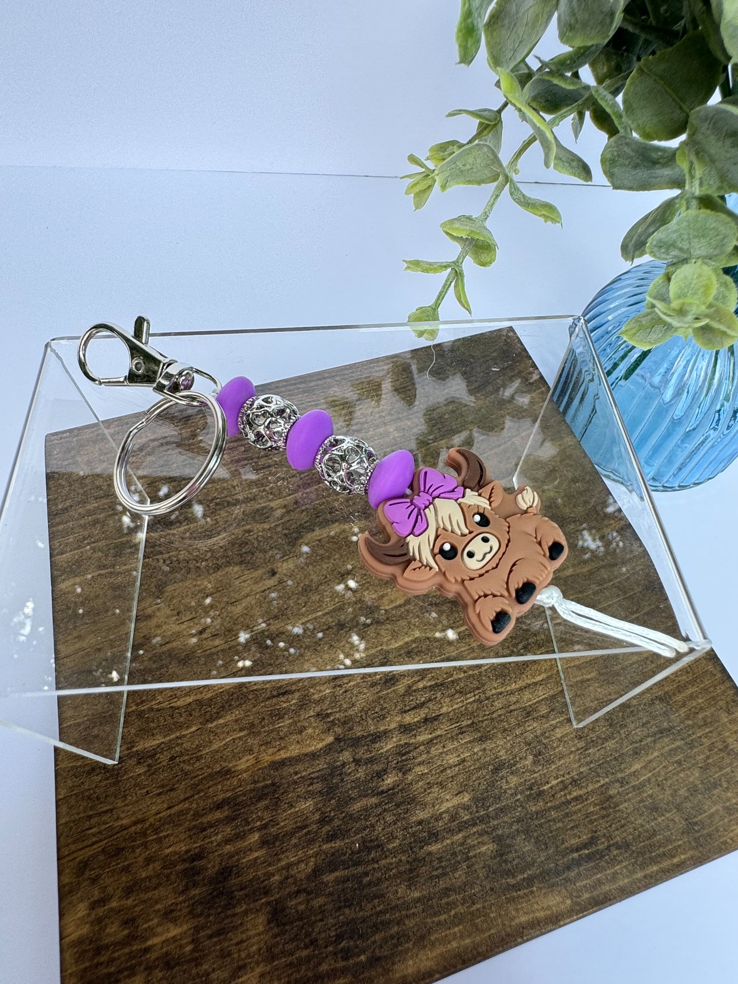 Purple Bow Cow Keychain