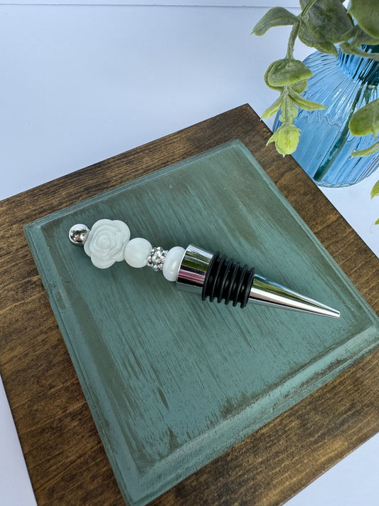 Snowy White Rose Wine Bottle Stopper